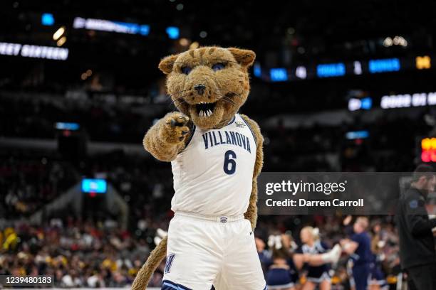 The Villanova Wildcat mascot performs during a timeout during the Sweet 16 round of the 2022 NCAA Mens Basketball Tournament held at AT&T Center on...