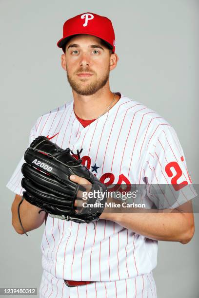 Aaron Nola of the Philadelphia Phillies poses for a photo during the Philadelphia Phillies Photo Day at BayCare Ballpark on Thursday, March 17, 2022...