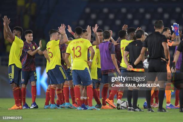 Colombia´s players celebrate at the end of a South American qualification football match against Bolivia for the FIFA World Cup Qatar 2022, at the...