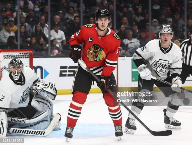 Henrik Borgstrom of the Chicago Blackhawks looks on during the second period against the Los Angeles Kings at Crypto.com Arena on March 24, 2022 in...