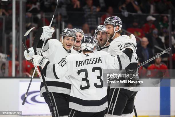 Viktor Arvidsson of the Los Angeles Kings celebrating goal with teammates during the third period against the Chicago Blackhawks at Crypto.com Arena...