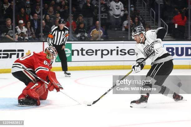 Gabriel Vilardi of the Los Angeles Kings during overtime shootout against the Chicago Blackhawks at Crypto.com Arena on March 24, 2022 in Los...