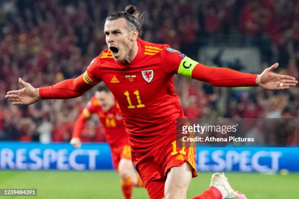 Gareth Bale of Wales celebrates his first goal during the 2022 FIFA World Cup Qualifier knockout round play-off match between Wales and Austria at...