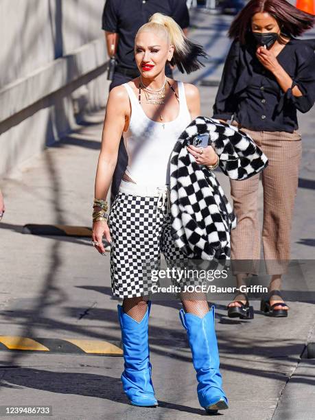 Gwen Stefani is seen arriving at 'Jimmy Kimmel Live' Show on March 24, 2022 in Los Angeles, California.