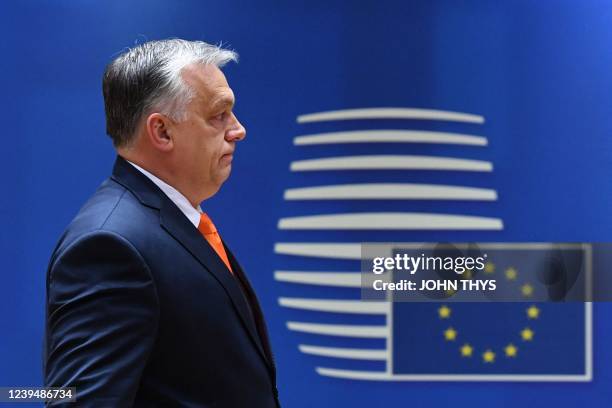 Hungary's Prime Minister Viktor Orban arrives for a meeting as part of a European Union summit at EU Headquarters in Brussels on March 25, 2022.