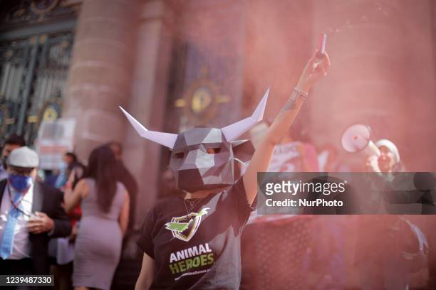 Protester with a bull mask holds a smoke bomb on March 24, 2022. Members of the Abolitionist Anti-speciesist collective held a protest outside the...