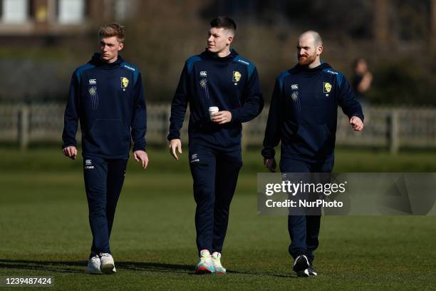 Oliver Gibson of Durham , Matthew Potts of Durham and Ben Raine of Durham arrive ahead of the MCC University match between Durham UCCE and Durham...