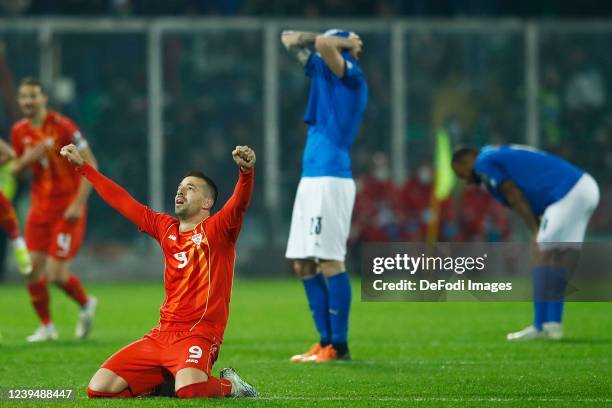 Aleksandar Trajkovski of North Macedonia celebrates after winning during the 2022 FIFA World Cup Qualifier knockout round play-off match between...