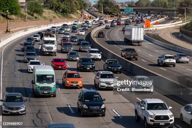 Traffic on Highway 50 in Sacramento, California, U.S., on Thursday, March 24, 2022. California Governor Gavin Newsom is proposing to send car owners...