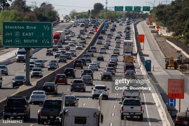 Traffic on Highway 50 in Sacramento, California, U.S., on Thursday, March 24, 2022. California Governor Gavin Newsom is proposing to send car owners...