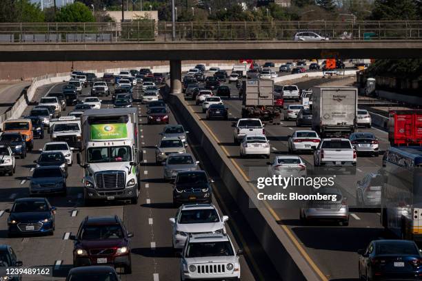 Traffic on Highway 50 in Sacramento, California, U.S., on Thursday, March 24, 2022. California Governor Gavin Newsom is proposing to send car owners...