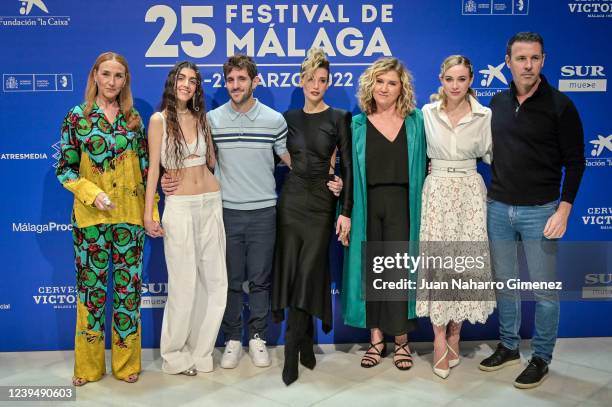 Mona Martinez, Paula Losada, Jota Linares, Maria Pedraza, Ana Wagener, Marta Hazas and Juan Sola attend "Las Niñas De Cristal" photocall during the...