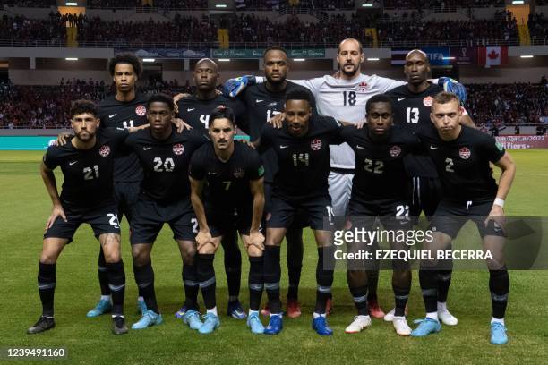 Canada's players pose before their FIFA World Cup Qatar 2022 Concacaf qualifier match against Costa Rica at the National Stadium in San Jose, on...