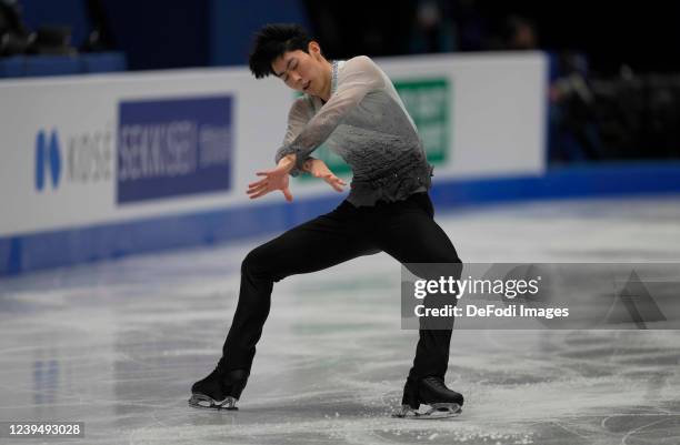 Montpellier, France Ilia Malinin from United States of America during Mens Short Programme, World Figure Skating Championship at Sud de France Arena...