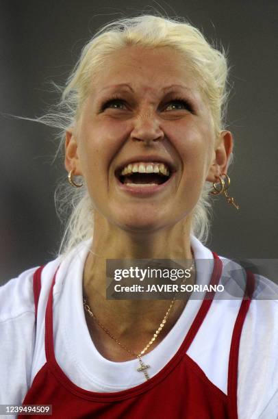 Latia's Sinta Ozolina reacts after competing in the women's group B javelin throw qualifications at the 2010 European Athletics Championships at the...