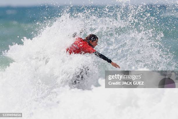 Portugals surfer Teresa Bonvalot rides a wave during the Women's QS 3,000 of the World Surf League SEAT Pro Netanya Quarterfinals, in the central...