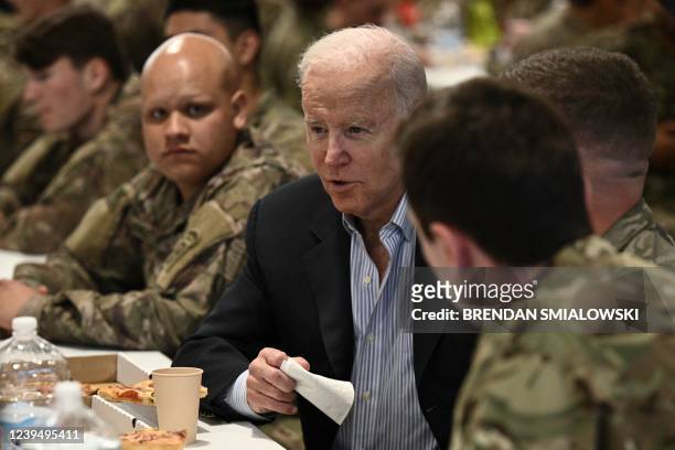 President Joe Biden talks to service members from the 82nd Airborne Division, who are contributing alongside Polish Allies to deterrence on the...