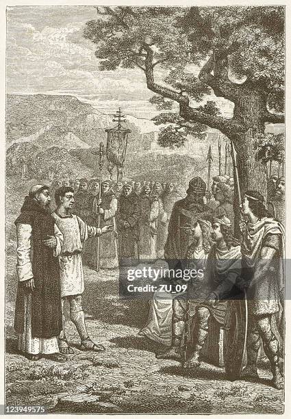 christian missionaries in england in 5th century, published in 1881 - friar stock illustrations