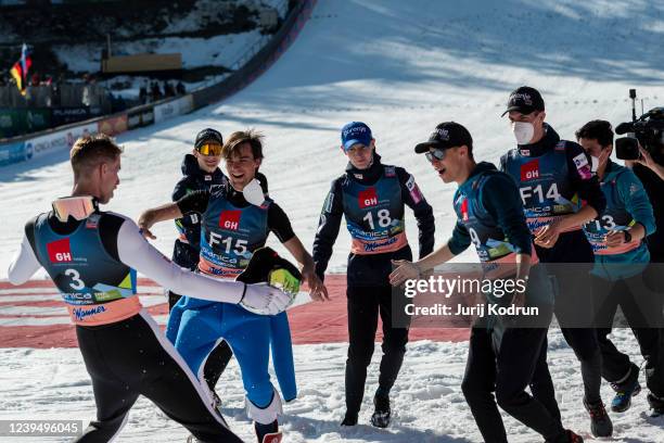 Anze Semenic of Slovenia celebrates with teammates after last jump in his career during the Individual HS240 at the FIS World Cup Ski Flying Men...