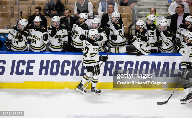 Cole Gallant of the Western Michigan Broncos celebrates his goal against the Northeastern Huskies during the first period during the NCAA Men's Ice...