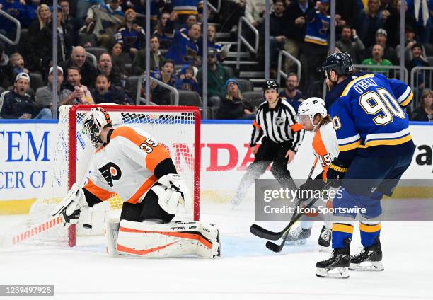 Philadelphia Flyers goaltender Martin Jones blocks a shot on goal during a NHL game between the Philadelphia Flyers and the St. Louis Blues on March...