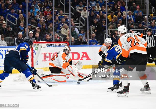 Philadelphia Flyers goaltender Martin Jones blocks a shot on goal by St. Louis Blues center Ryan O'Reilly during a NHL game between the Philadelphia...