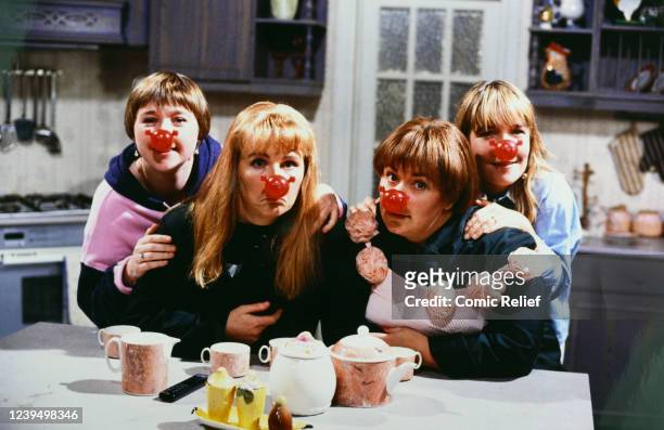 Dawn French, Jennifer Saunders, Pauline Quirke, Linda Robson on set for the filming of the 'Birds of a Feather' sketch shown as part of the Night of...