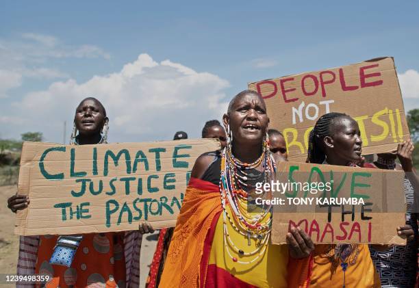 Women from the Masai community take part in a Global Climate Strike organised by Fridays For Future, to demand climate reparations and action from...