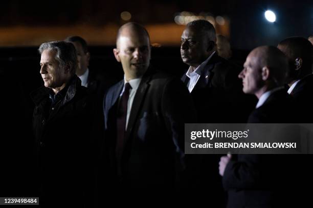 Secretary of State Antony Blinken and US Secretary of Defense Lloyd Austin arrive with US President at Warsaw Chopin International Airport on March...