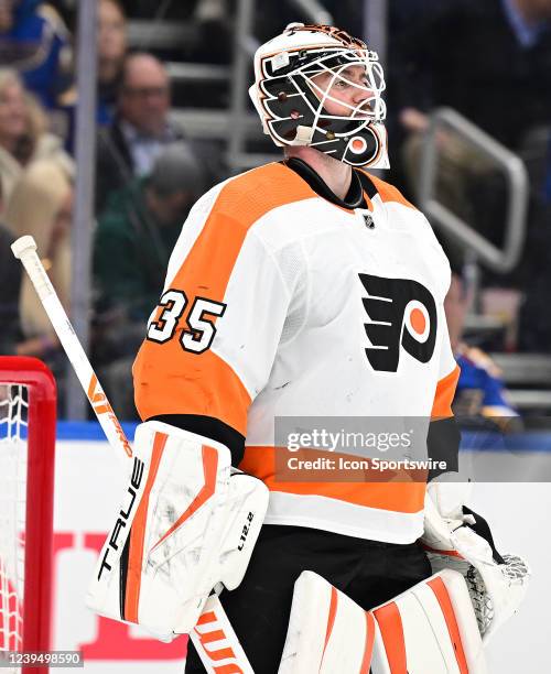 Philadelphia Flyers goaltender Martin Jones during a NHL game between the Philadelphia Flyers and the St. Louis Blues on March 24 at Enterprise...