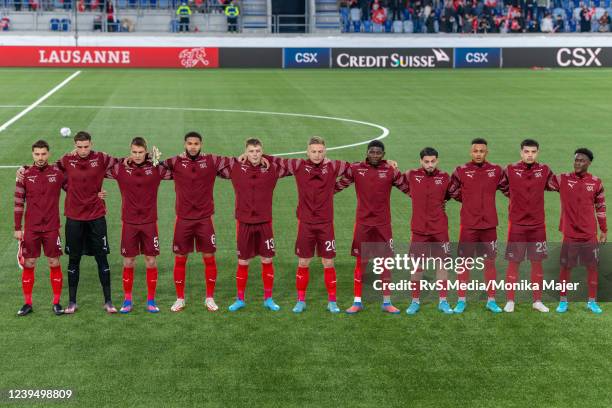 Team Switzerland players lines up for national anthem during the UEFA European Under-21 Championship Qualifier between Switzerland U21 and Wales U21...