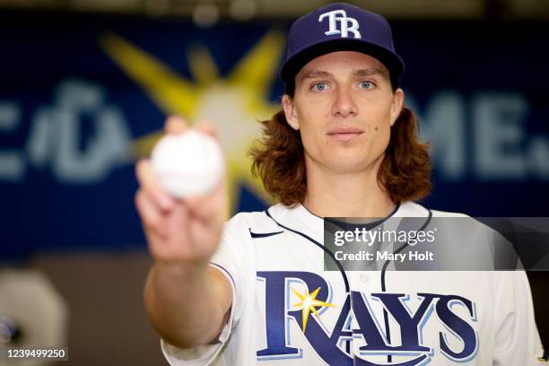 Tyler Glasnow of the Tampa Bay Rays poses for a photo during the Tampa Bay Rays Photo Day at Charlotte Sports Park on Thursday, March 17, 2022 in...