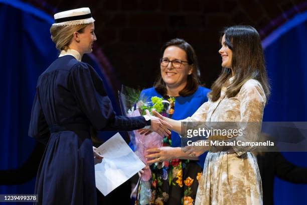 Princess Sofia of Sweden awards a scholarship to Angeliqa Rosenqvist Ehn during a graduation ceremony for Sophiahemmet University at Stockholm City...