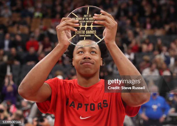 Toronto Raptors forward Scottie Barnes received his NBA Eastern Conference February Rookie of Month award before the Toronto Raptors beat the...