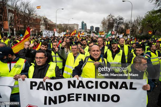 Truck drivers wearing yellow vests are seen protesting near the Ministry of Transport during the 12th day of a national transportation strike....
