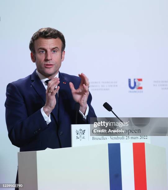 French President Emmanuel Macron gives a news conference at the end of an EU Summit on March 25, 2022 in Brussels, Belgium. The Europeans do not want...