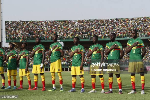 Players of Mali sing the national anthem prior to the 2022 FIFA World Cup qualification Confederation of African Football round 3 match between Mali...