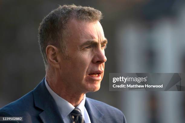 Leader of Plaid Cymru Adam Price MS speaks to the press during the Plaid Party Spring Conference at the Principality Stadium on March 25, 2022 in...