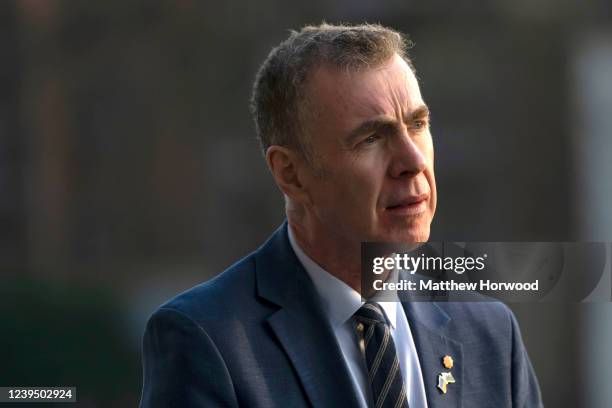 Leader of Plaid Cymru Adam Price MS speaks to the press during the Plaid Party Spring Conference at the Principality Stadium on March 25, 2022 in...