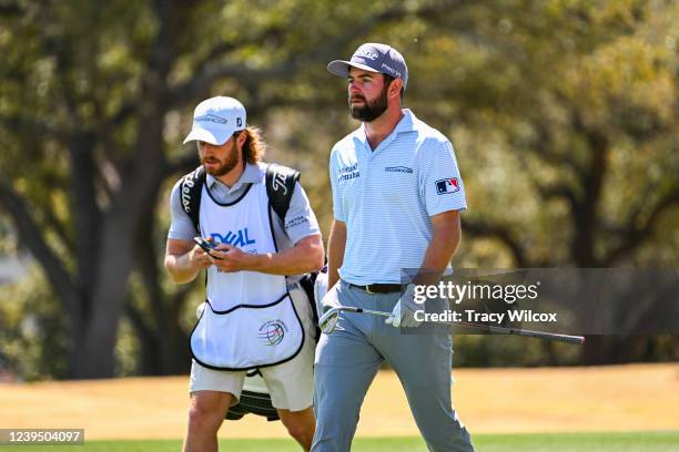 Cameron Young with his caddie, Scott McKean, at the sixth hole during Round 3 of the World Golf Championships-Dell Technologies Match Play at Austin...