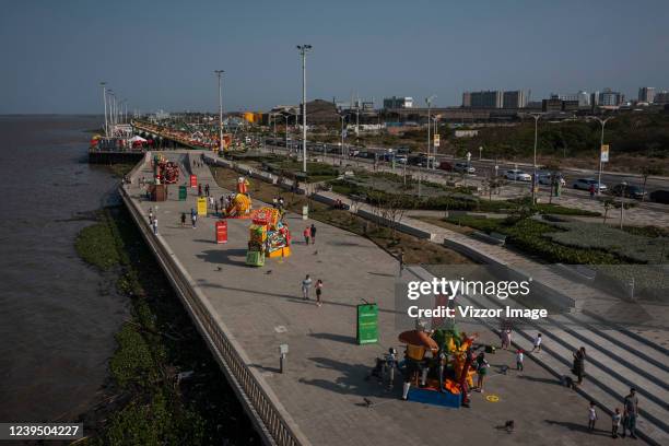 Aerial view as floats are exhibited in Malecon del Río ahead of the Barranquilla Carnival on March 25, 2022 in Barranquilla, Colombia.