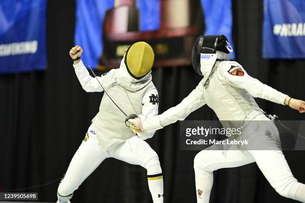 Maia Weintraub of the Princeton Tigers fences against Amita Berthier of the Notre Dame Fighting Irish in the Foil finals during the Division I Womens...