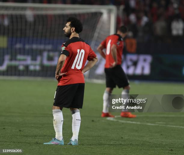 Mohamed Salah of Egypt gestures during FIFA World Cup African Qualifiers 3rd round match between Egypt and Senegal at International Cairo Stadium in...