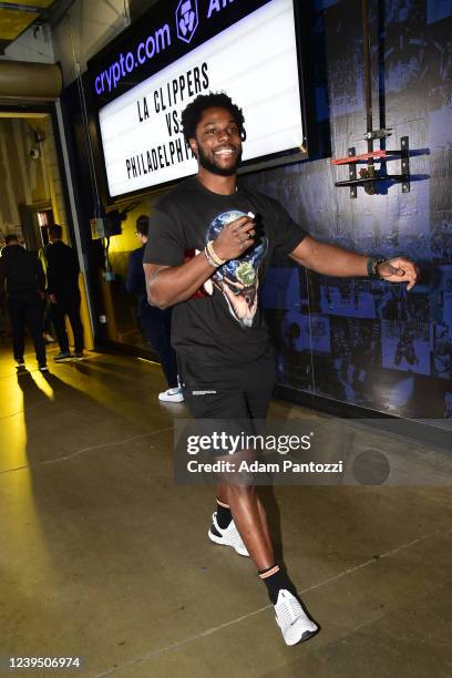 Myles Powell of the Philadelphia 76ers arrives to the arena prior to the game against the LA Clippers on March 25, 2022 at Crypto.Com Arena in Los...