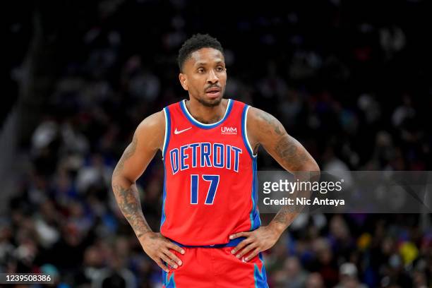 Rodney McGruder of the Detroit Pistons looks on against the Washington Wizards during the third quarter at Little Caesars Arena on March 25, 2022 in...