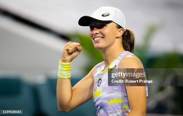 Iga Swiatek of Poland reacts to reaching the World No.1 ranking by beating Viktorija Golubic of Switzerland in her second round match on day 5 of the...