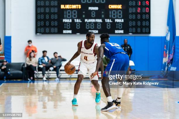 Jawun Evans of the Cleveland Charge handles the ball against the Delaware Blue Coats on March 25, 2022 at Chase Fieldhouse in Wilmington, Delaware....