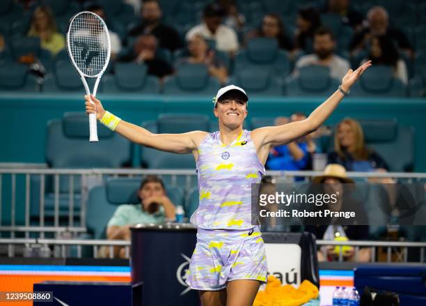 Iga Swiatek of Poland reacts to reaching the World No.1 ranking by beating Viktorija Golubic of Switzerland in her second round match on day 5 of the...