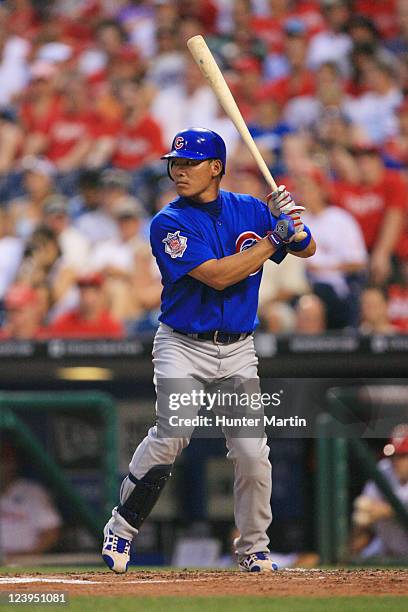 Right fielder Kosuke Fukudome of the Chicago Cubs during a game against the Philadelphia Phillies at Citizens Bank Park on June 9, 2011 in...