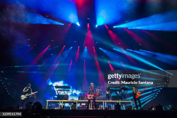 Steve Basil, Machine Gun Kelly, Brandon Allen and AJ Tyus perform during day one of Lollapalooza Brazil Music Festival at Interlagos Racetrack on...